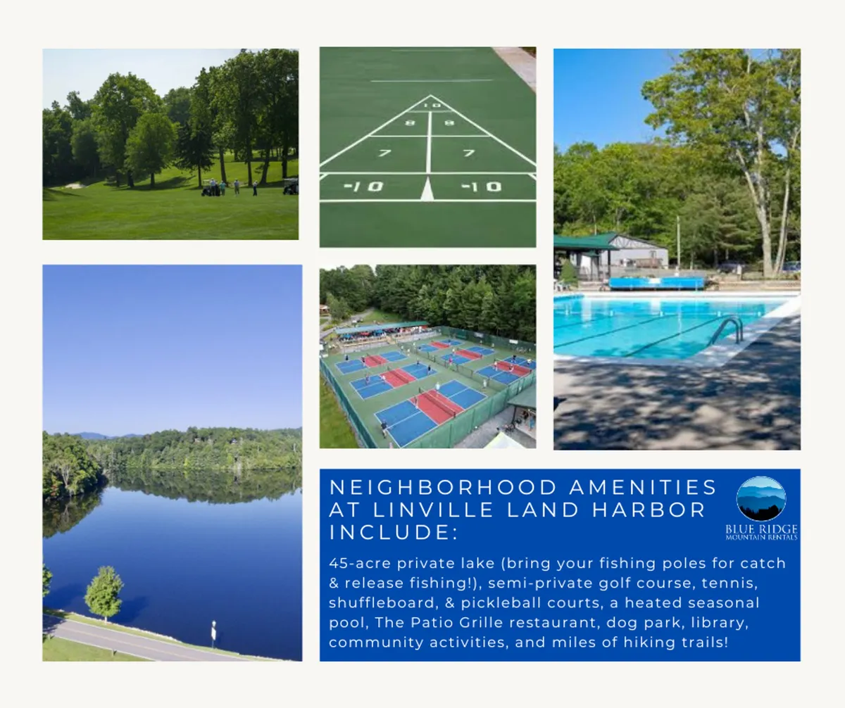 This vibrant exterior image captures the 45-acre private lake, the semi-private golf course, tennis and shuffleboard courts, and the heated seasonal pool all set against a backdrop of lush greenery. The scene includes people engaged in fishing, a friendly tennis match, a group gathered for grilling at The Patio Grille, and neighbors enjoying a sunny day at the pool.